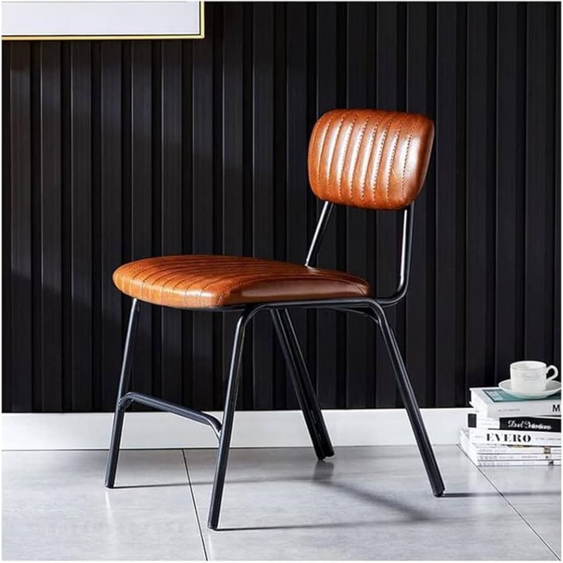 Dining Chairs Set, Saddle Brown Leather-Like with Vertical Ribbed Stitching, Splayed Legs