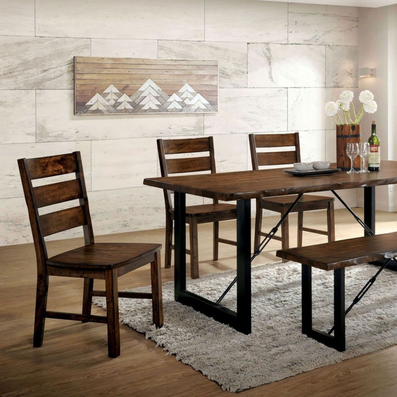 Dining Chairs Set, Walnut Finish Wood with Ladder Back, Industrial Contemporary Style