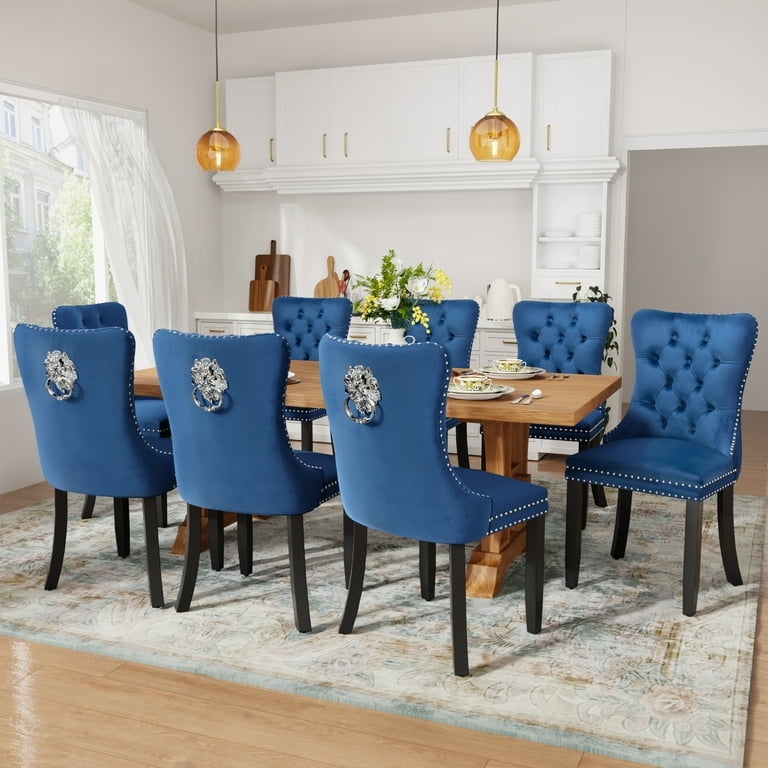 Dining Chairs Traditional Glam Navy Velvet Nailhead Trim Dark Wood