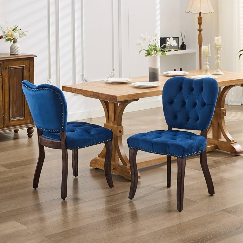 Dining Chairs Transitional Velvet Button Tufted Dark Wood Curved Back