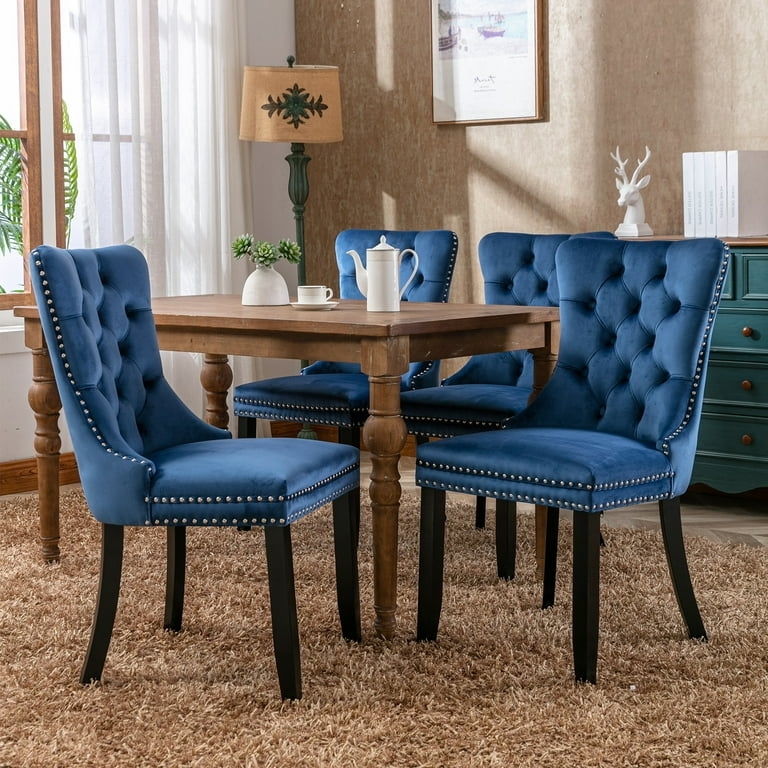 Dining Chairs Velvet Navy Blue Diamond Tufted Wood Legs Transitional