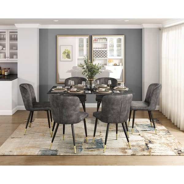 Dining Chairs, Velvet with Vertical Channel Tufting and Gold Legs
