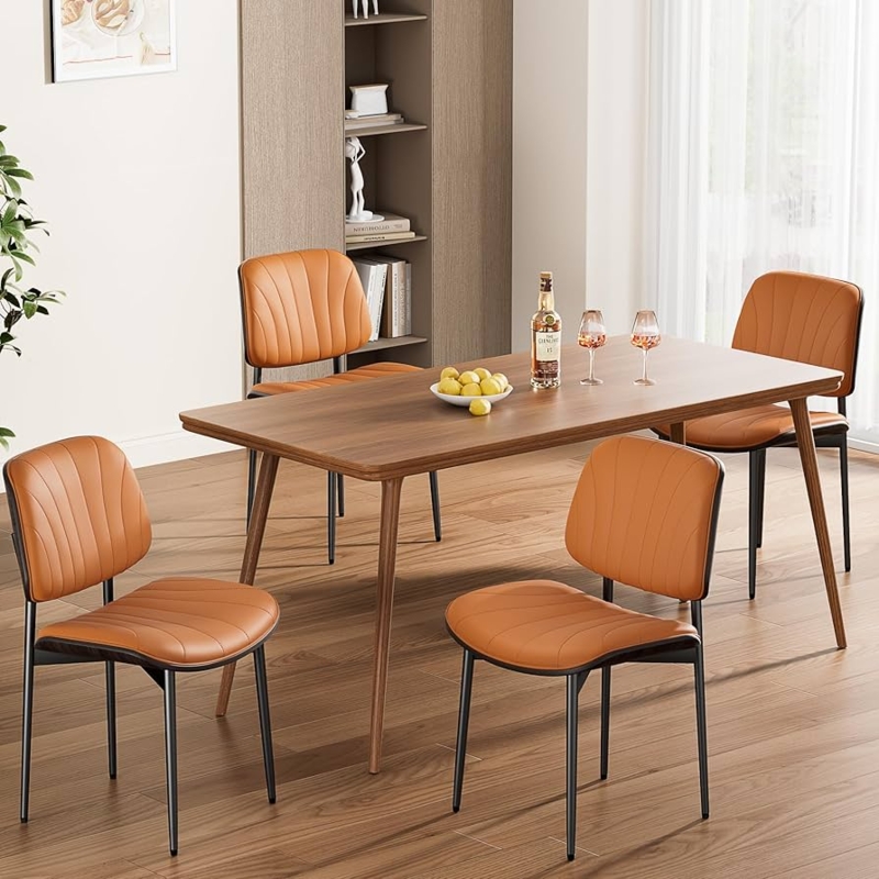 Dining Chairs Vibrant Orange Ribbed Stitching Walnut Back Mid Century