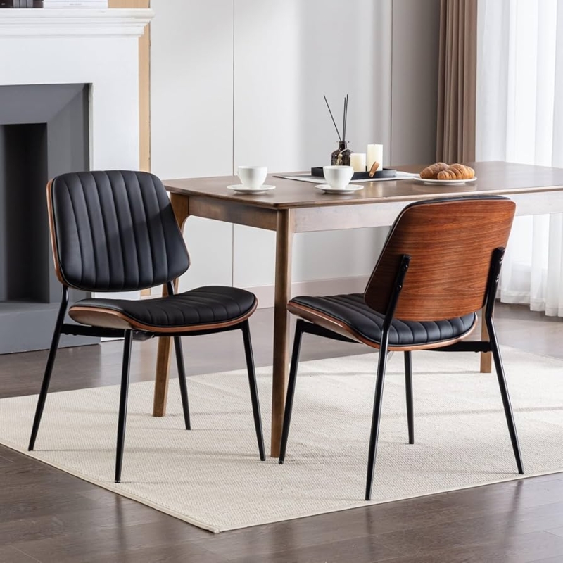 Dining Chairs Walnut Bentwood Back Black Splayed Metal Legs