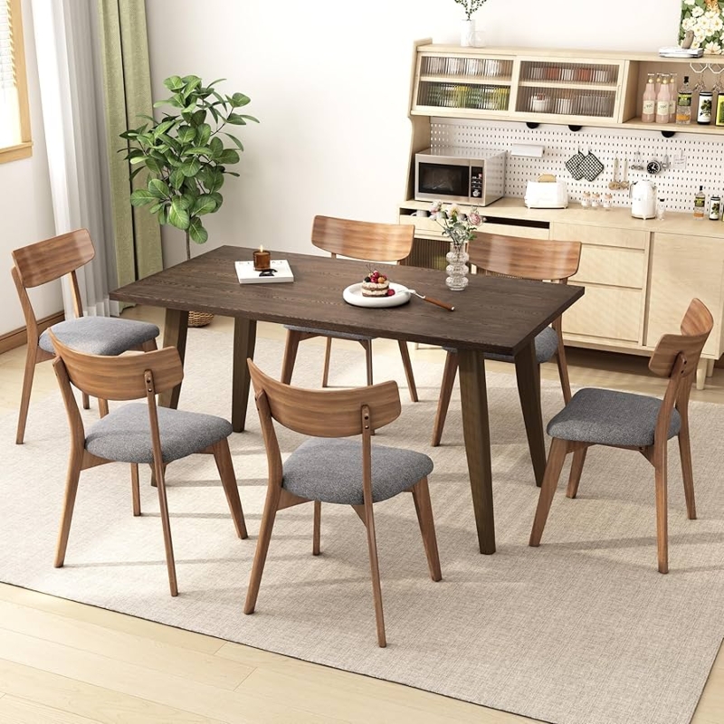 Dining Chairs Walnut Wood Slatted Back Grey Leather-Like Seat Mid-Century