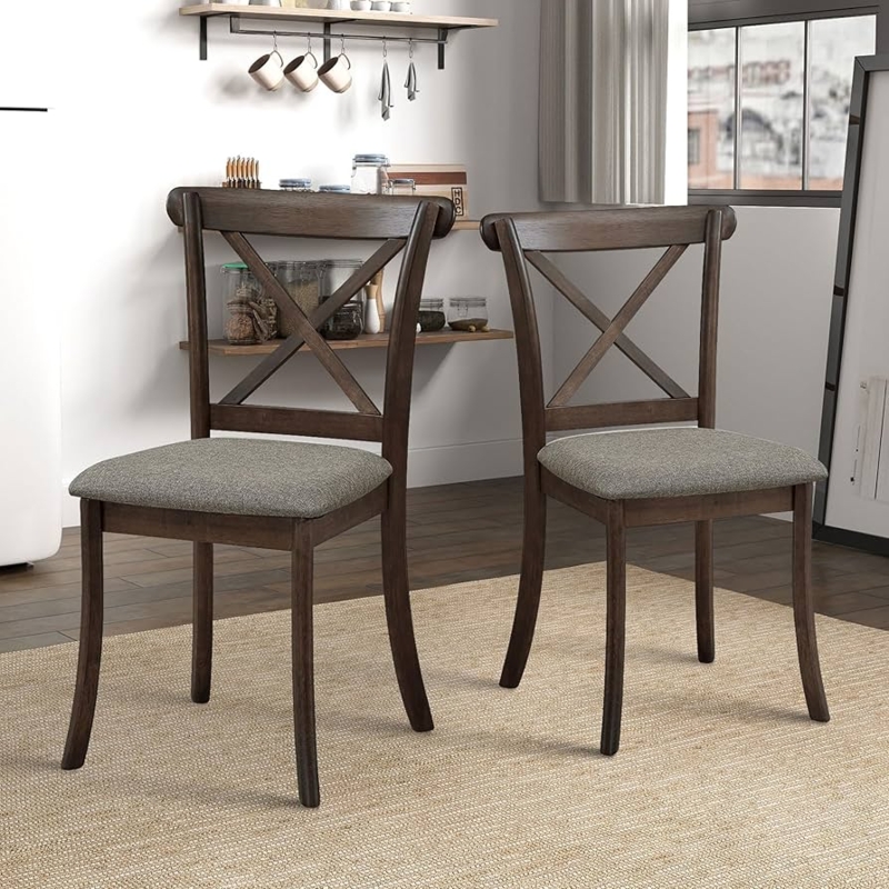 Dining Chairs Warm Brown Wood with Neutral Upholstered Cushions