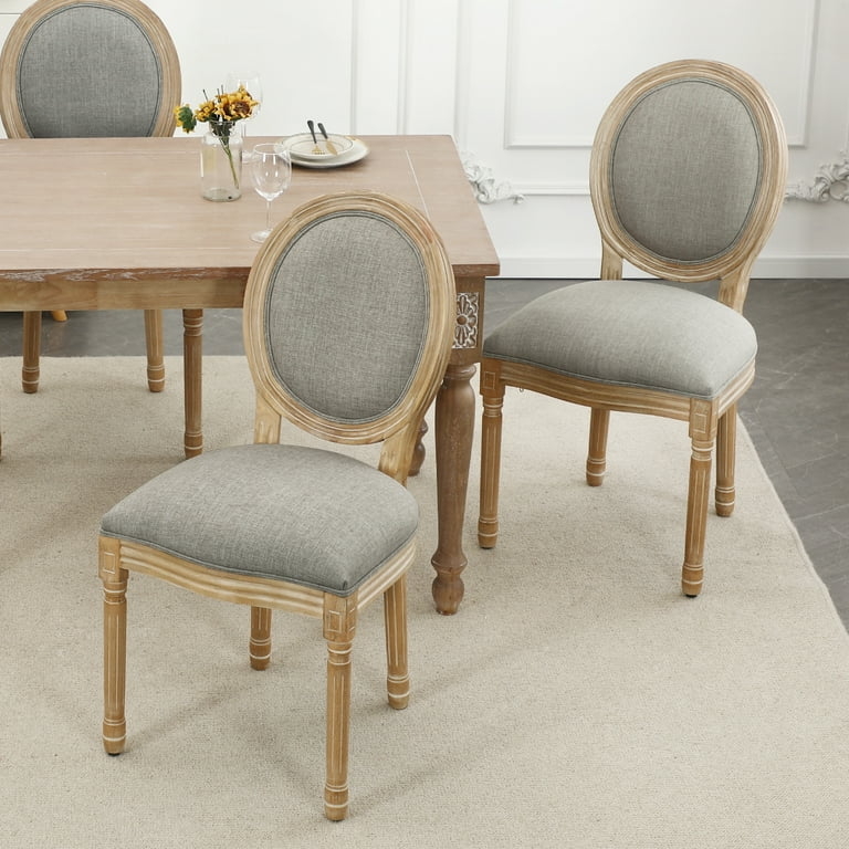 Dining Chairs Weathered Finish, Medallion Back, Light Gray Fabric