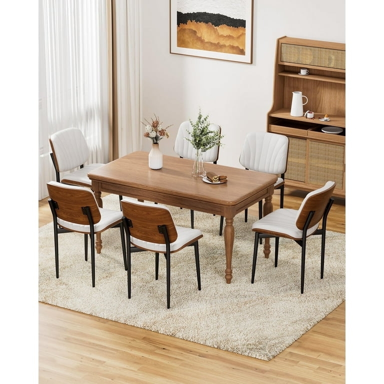 Dining Chairs White Faux Leather Wraparound Walnut Finish Back Metal Legs