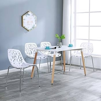Dining Chairs, White Molded Seat, Branch Cutout Back, Chrome Legs