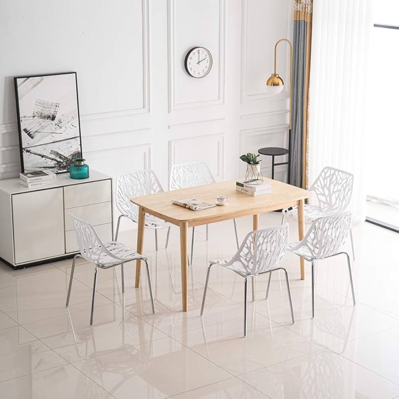 Dining Chairs, White Molded Seat, Wood Dowel Legs, Scandinavian Style