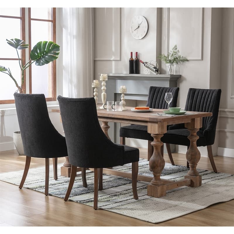 Dining Chairs Wingback Black Button Tufted Fabric Tapered Dark Legs
