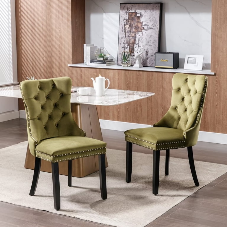 Dining Chairs Wingback Forest Green Velvet Tufted Silver Ring Pull