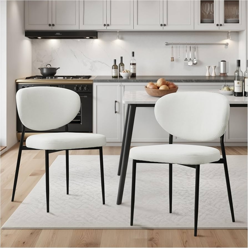 Dining Chairs Wingback Off White Chenille Texture Black Metal X Base