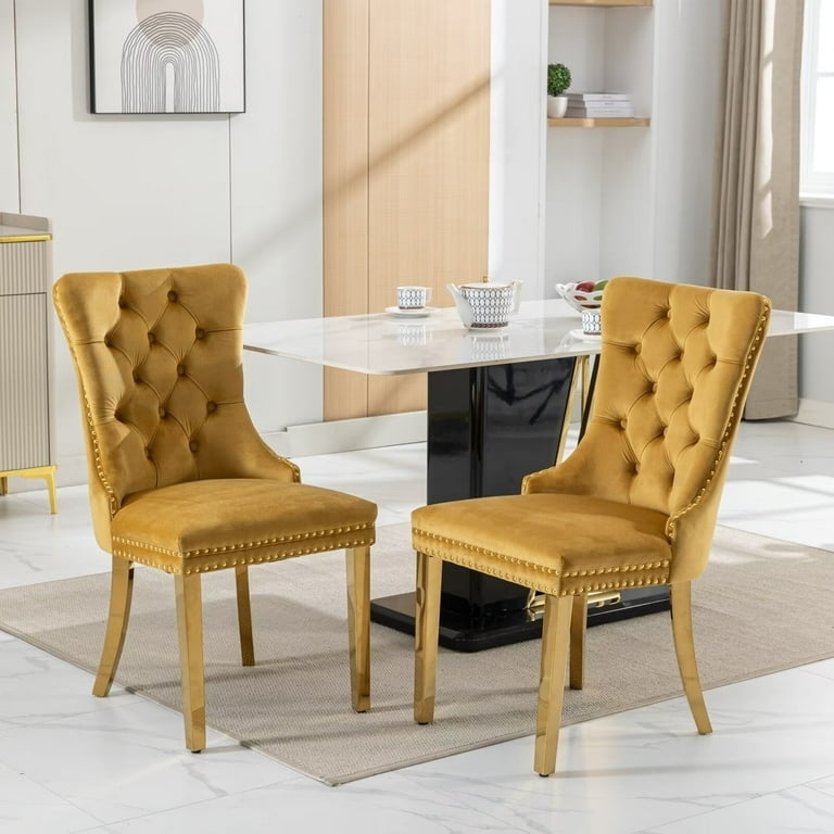 Dining Chairs Wingback Teal Velvet Tufted Ring Pull Gold Legs Glam
