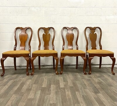 Dining Chairs with Beige Upholstery, Scalloped Apron, Queen Anne Style