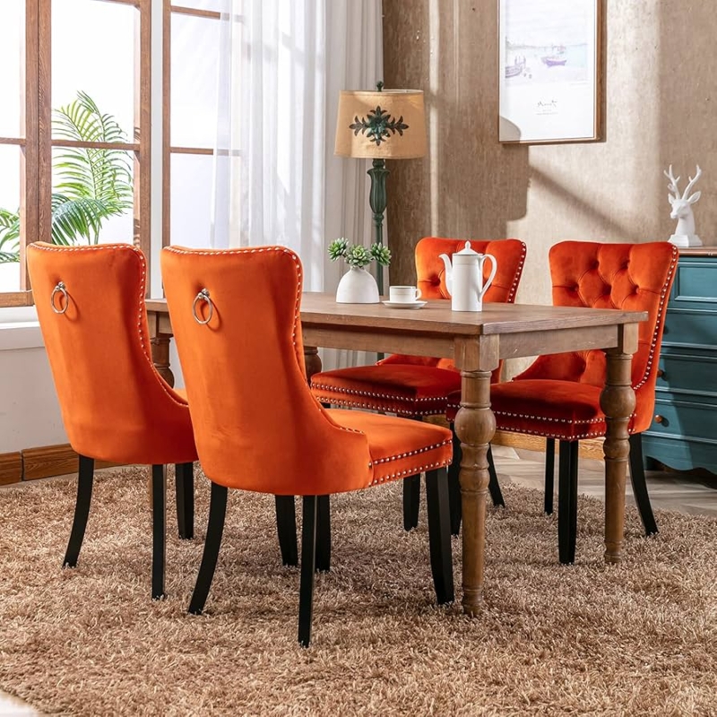 Dining Chairs with Button Tufted Back and Rolled Top
