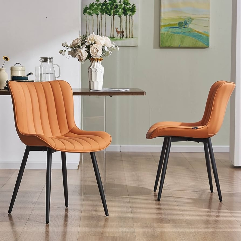 Dining Chairs with Tapered Metal Legs in Camel Faux Leather