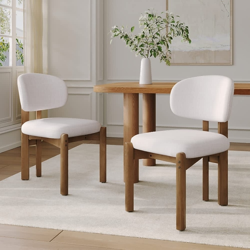 Dining Chairs with Walnut Toned Frame and Beige Upholstery