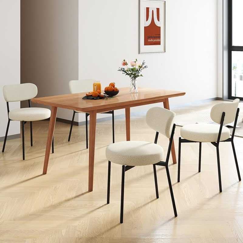 Dining Chairs with White Boucle Texture and Black Tapered Legs