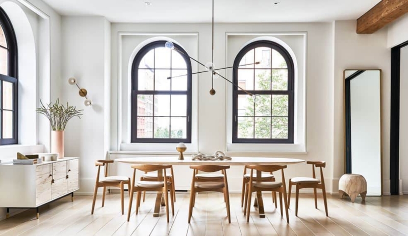 Dining Room Layout: Mixed Seating Styles, Branch Lighting Fixture