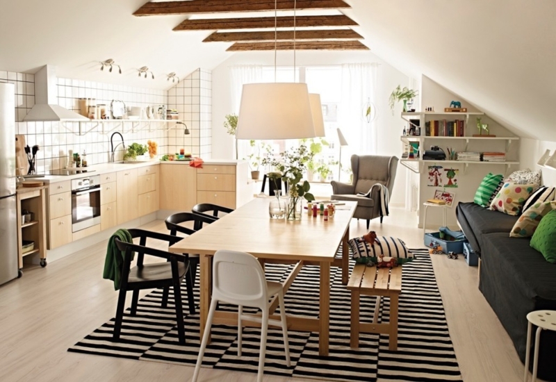 Dining Room Open Concept Layout with Double Black Pendants