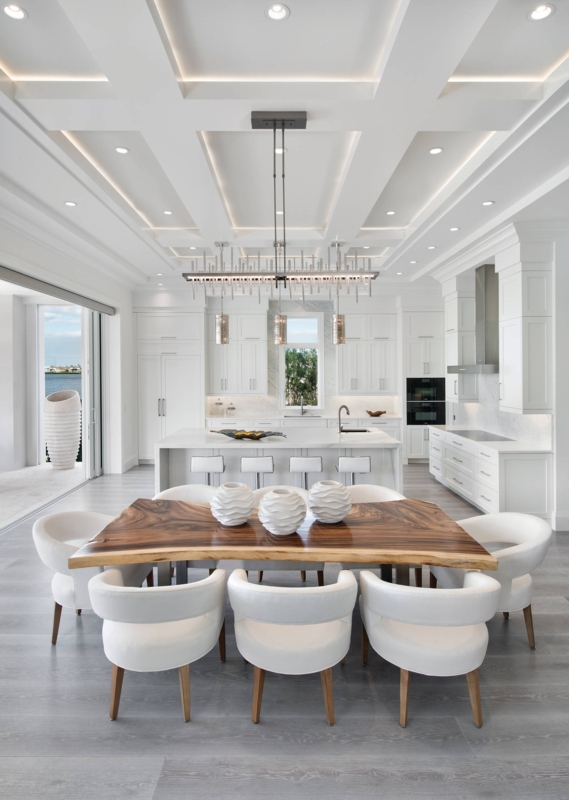 Dining Room Recessed Paneling Vaulted Shiplap Ceiling Coastal Modern