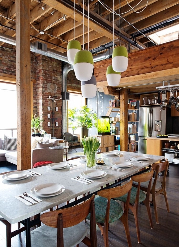 Dining Room Scene, Industrial Chic with Green Upholstered Bench, White Brick Wall
