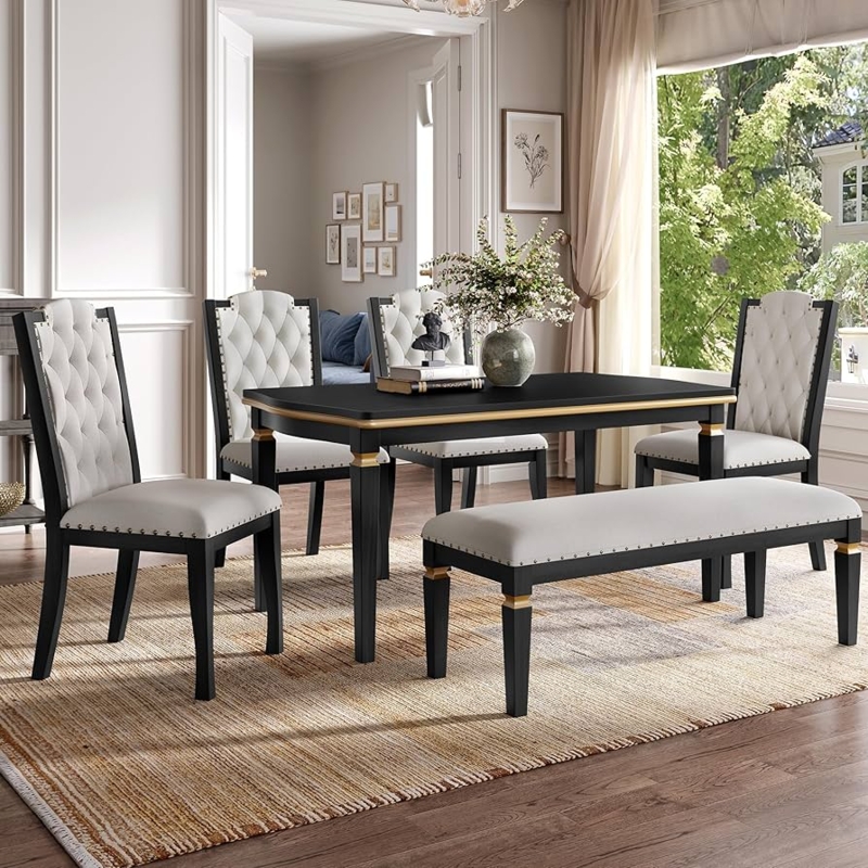 Dining Room Set 6 Piece Black Button Tufted Backs Nailhead Trim