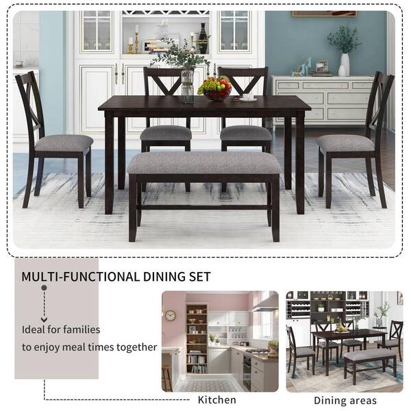 Dining Room Set 6-Piece Espresso with Upholstered Bench and Chairs