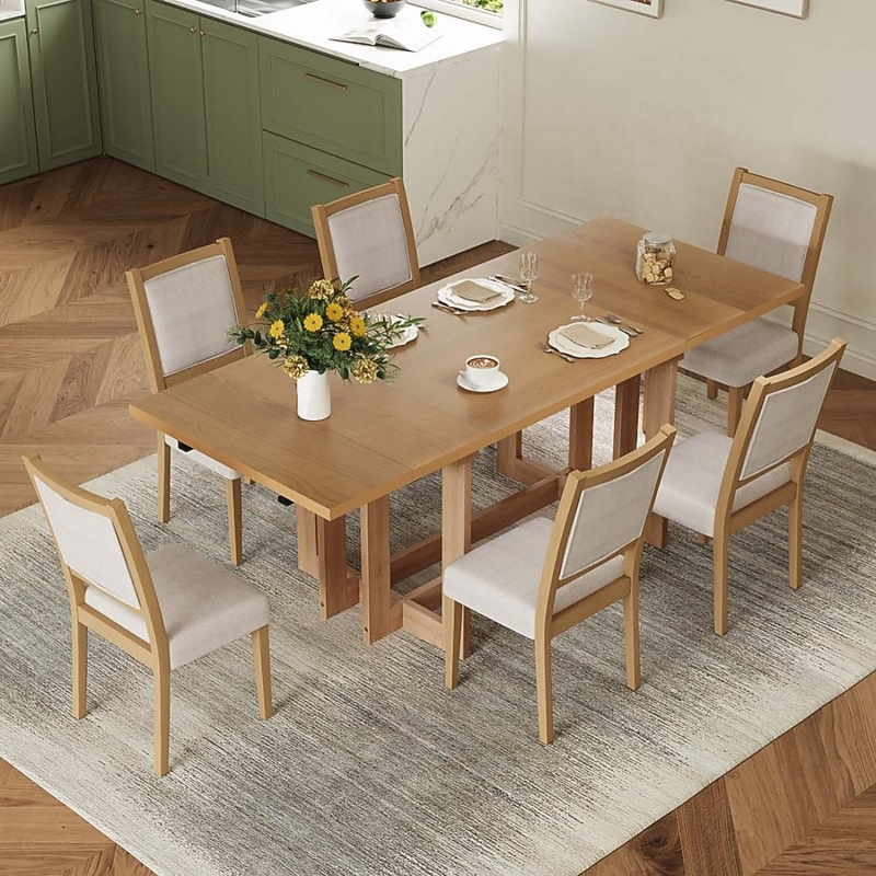 Dining Room Set 7-Piece Trestle Base Linen-Like Upholstery Rustic