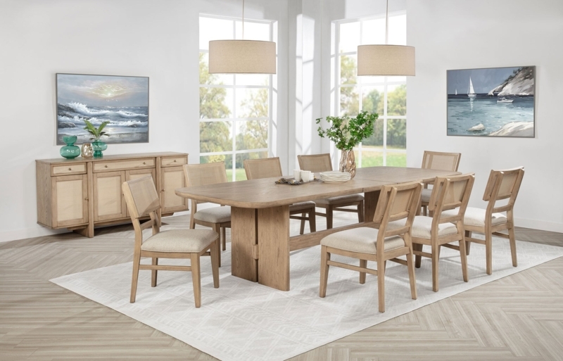Dining Room Set 9-Piece Beige Oak with High-Back Upholstered Chairs