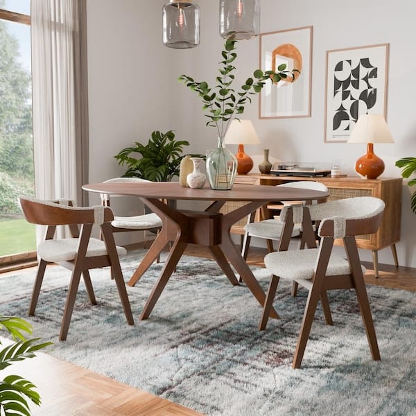 Dining Room Set Black Tapered Legs Oval Walnut Top Curved Back