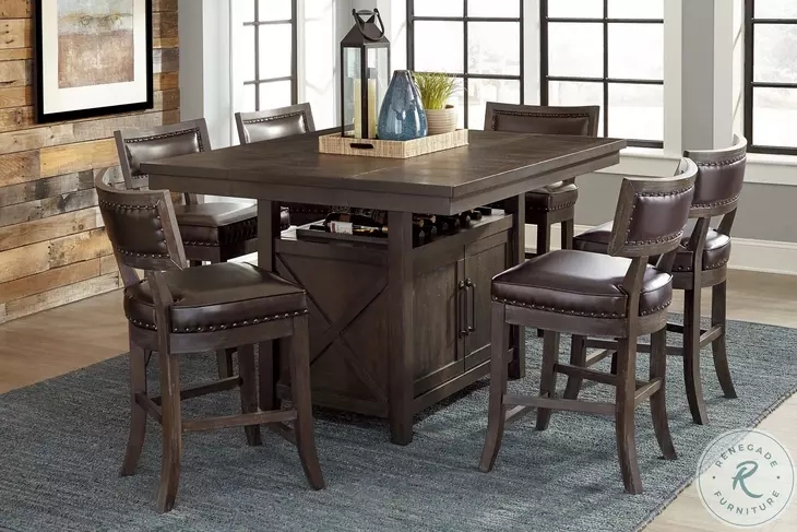 Dining Room Set Counter Height Dark Cherry Finish with Upholstered Stools