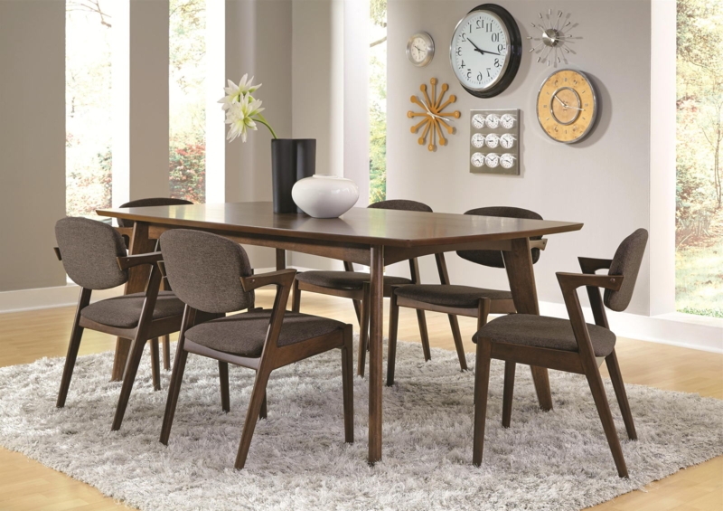 Dining Room Set Dark Walnut Curved Back Spindles Black Upholstered