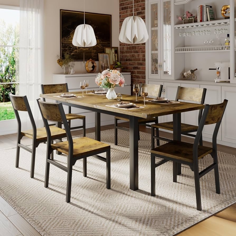 Dining Room Set Extendable Wood Toned and Black Metal Industrial Style