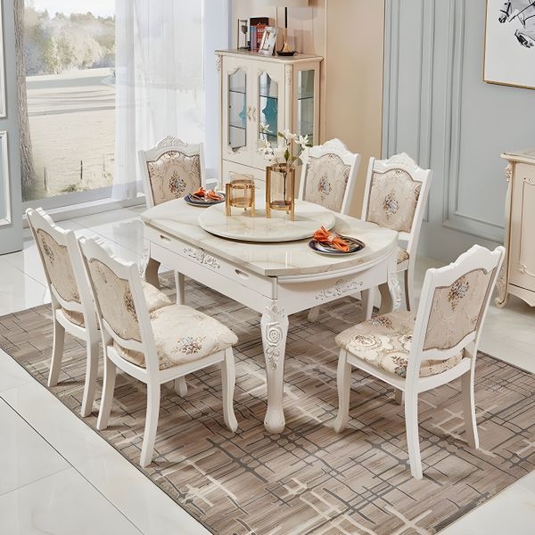 Dining Room Set Fluted Texture Gold Pedestal Base Marble Top Modern