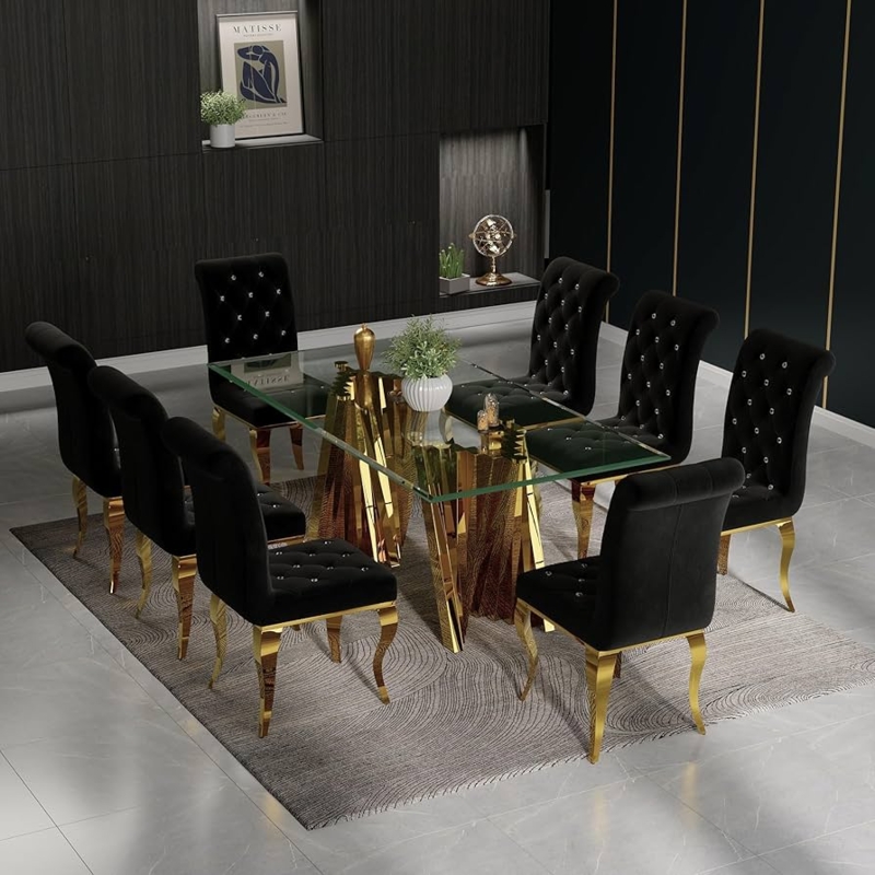 Dining Room Set For Eight with Gold Glass Table Glam Black And Gold