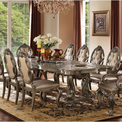 Dining Room Set Glam Silver Double Pedestal Tufted Chairs