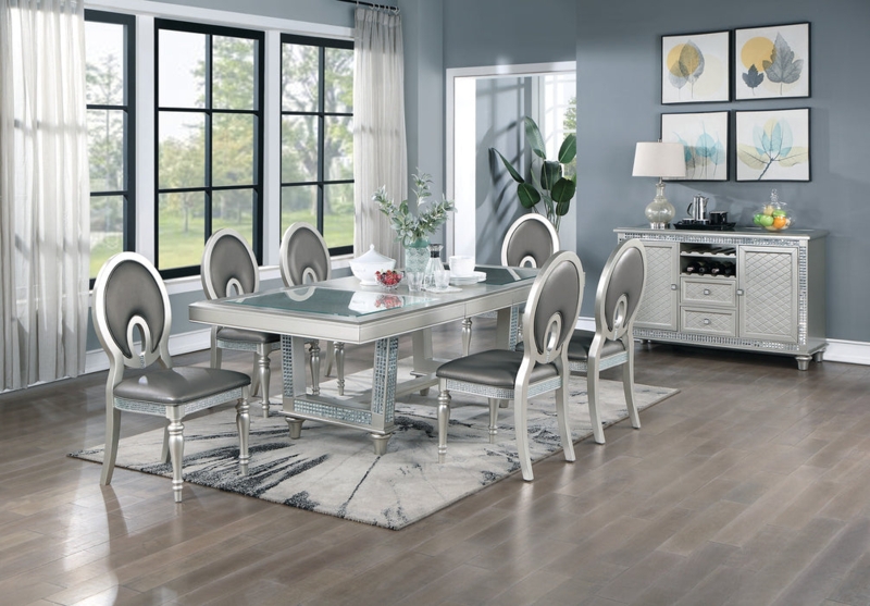 Dining Room Set Glass Top Insert Cut Out Scroll Back Chairs Dark Wood