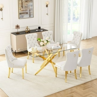 Dining Room Set Gold Cross Legs Glass Top Tufted Velvet