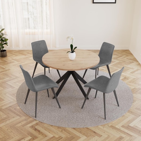 Dining Room Set Modern Round Oak Top Channel Tufted Back Splayed