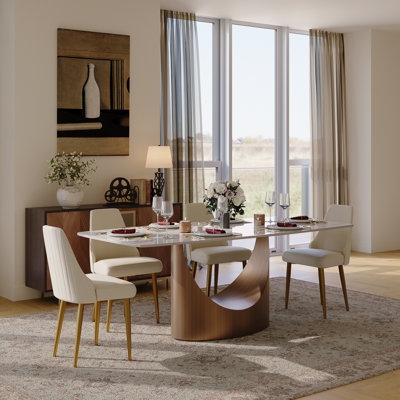Dining Room Set Modern Stone Like Top Metal Legs Gray Chairs
