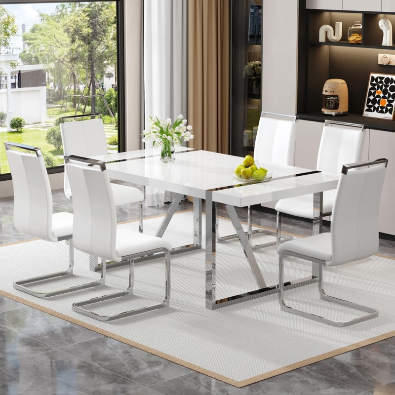 Dining Room Set: Monochromatic 7-Piece with Gray Leather-Like Chairs