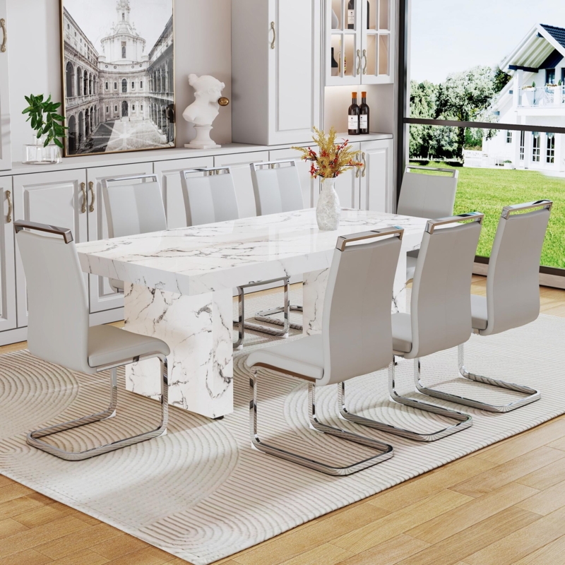 Dining Room Set Oval Marble Look Table Sculptural Black Base