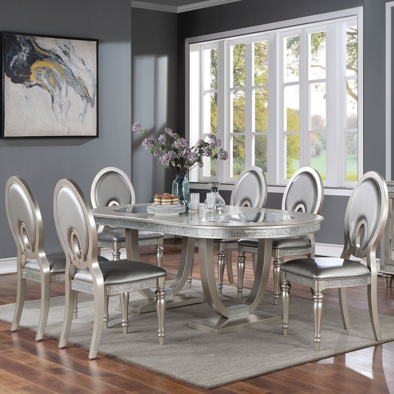 Dining Room Set Oval Pedestal Table Metallic Silver Finish Tufted Chairs