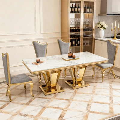 Dining Room Set Ribbed Double Pedestal Gold Marble Look