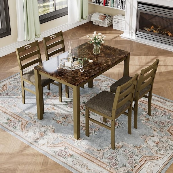 Dining Room Set Round Marble Top Tan Chairs Industrial Inspiration