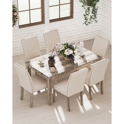 Dining Room Set: Transitional Ivory Finish 7-Piece Arrangement