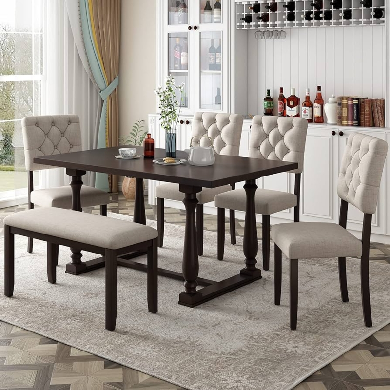 Dining Room Set Upholstered Bench Mid-Century Grey