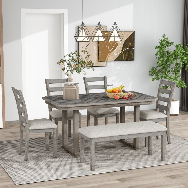 Dining Room Set Walnut Gray Slat Back Chairs Backless Bench